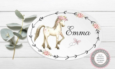 zauberhaftes ovales Türschild Pferd Boho mit Wunschname, Kinderzimmer, - zur Einschulung, Geburtstag, Taufe, Lüttentüddel®